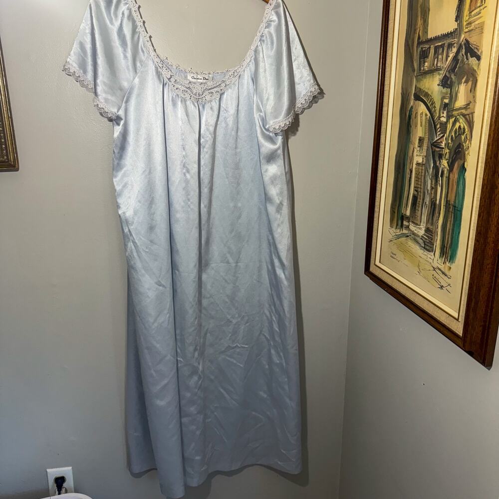 Vintage Christian Dior Blue Satin & Lace Nightgown Lingerie Maxi Dress